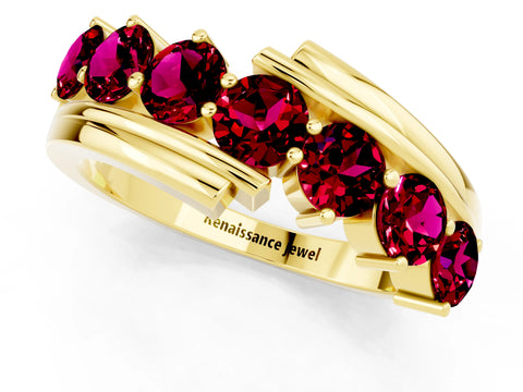 Yellow gold Round Garnet Wave Band with Channel and Shared Prong Setting_19