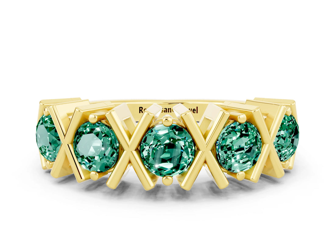 Yellow gold Round Green Sapphire Channel Set Band with X-Prong Detail_6