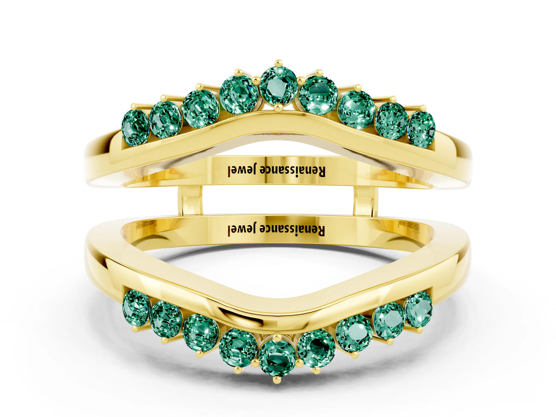 Yellow gold Round Green Sapphire Chevron Contour Band with Prong Setting_6