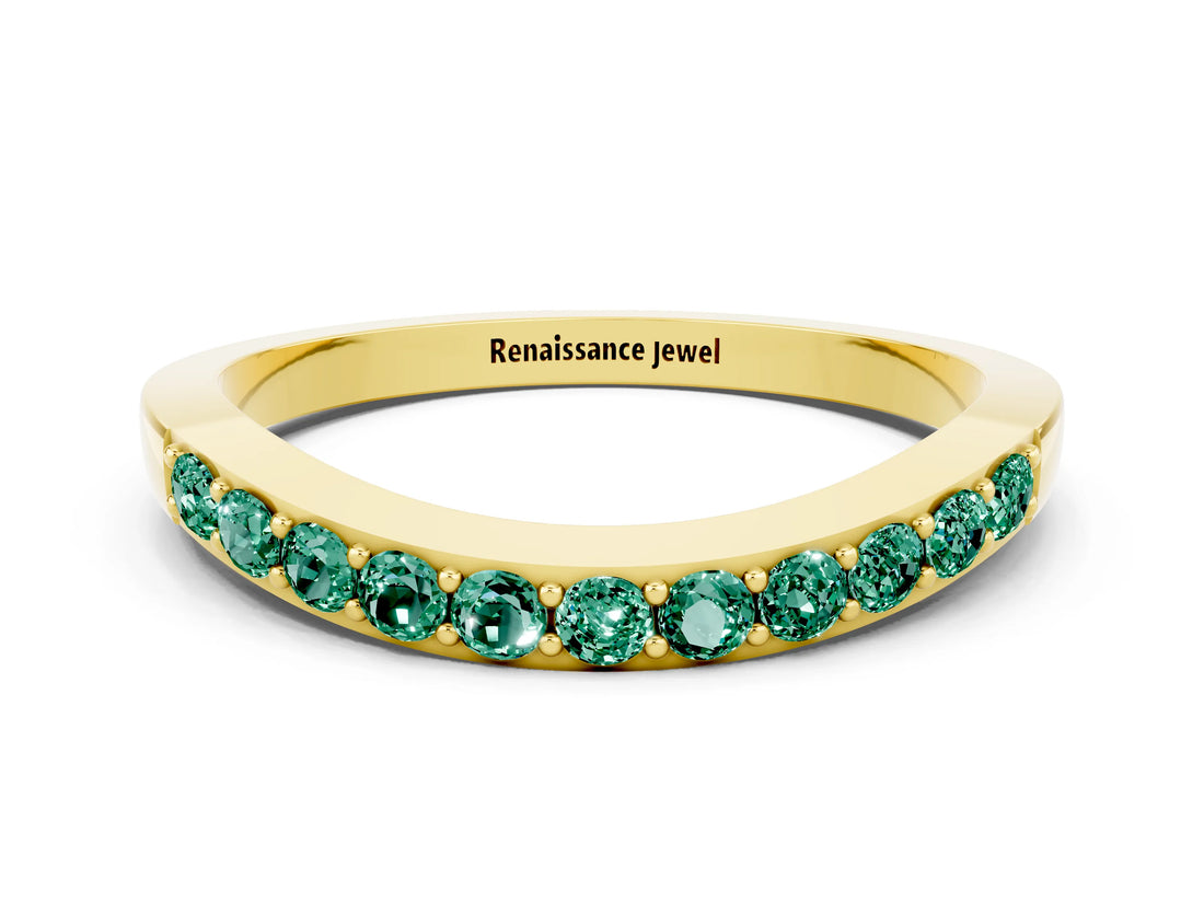 Yellow gold Round Green Sapphire Curved Wedding Band with Channel Setting_6