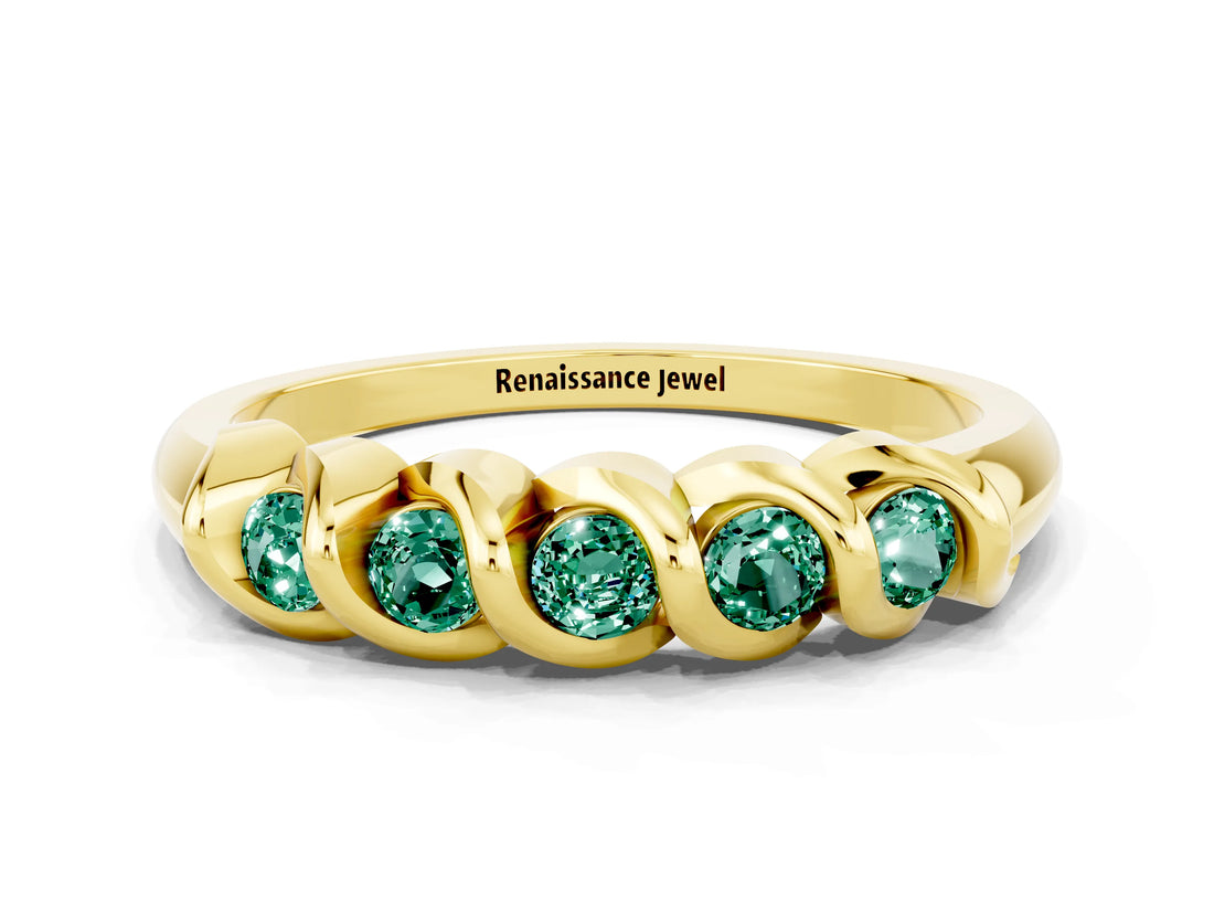 Yellow gold Round Green Sapphire Eternity Band with Twist Prong Setting_6