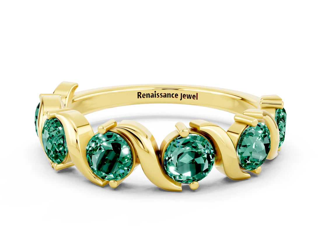 Yellow gold Round Green Sapphire Half Eternity Band with Wave Prong Setting_6