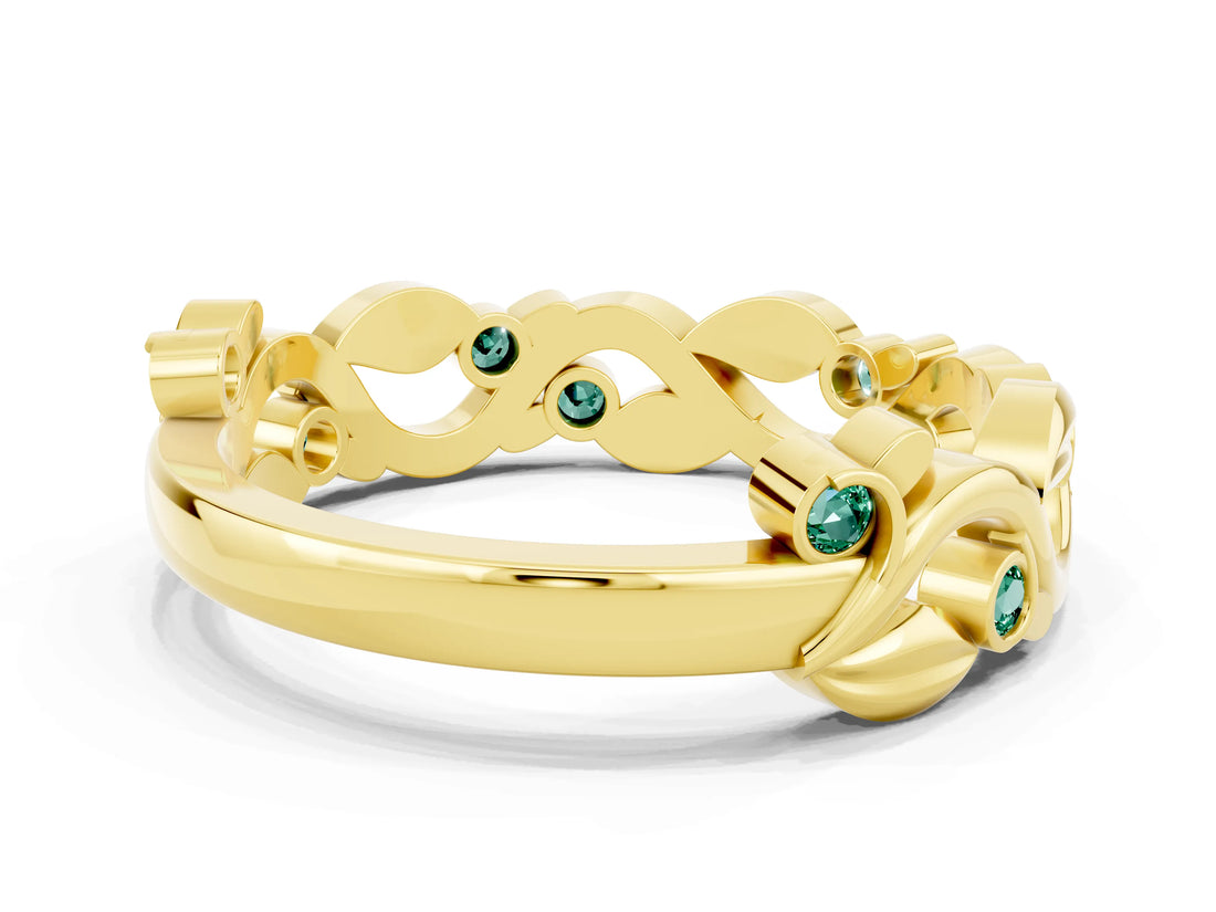 Yellow gold Round Green Sapphire Leaf Eternity Band with Bezel Setting_36