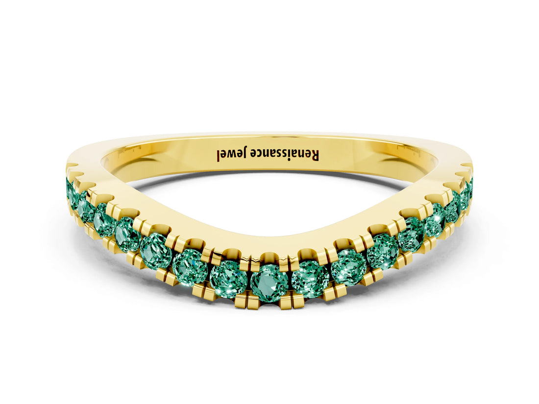 Yellow gold Round Green Sapphire Pavé Curved Band with Shared Prong Setting_6