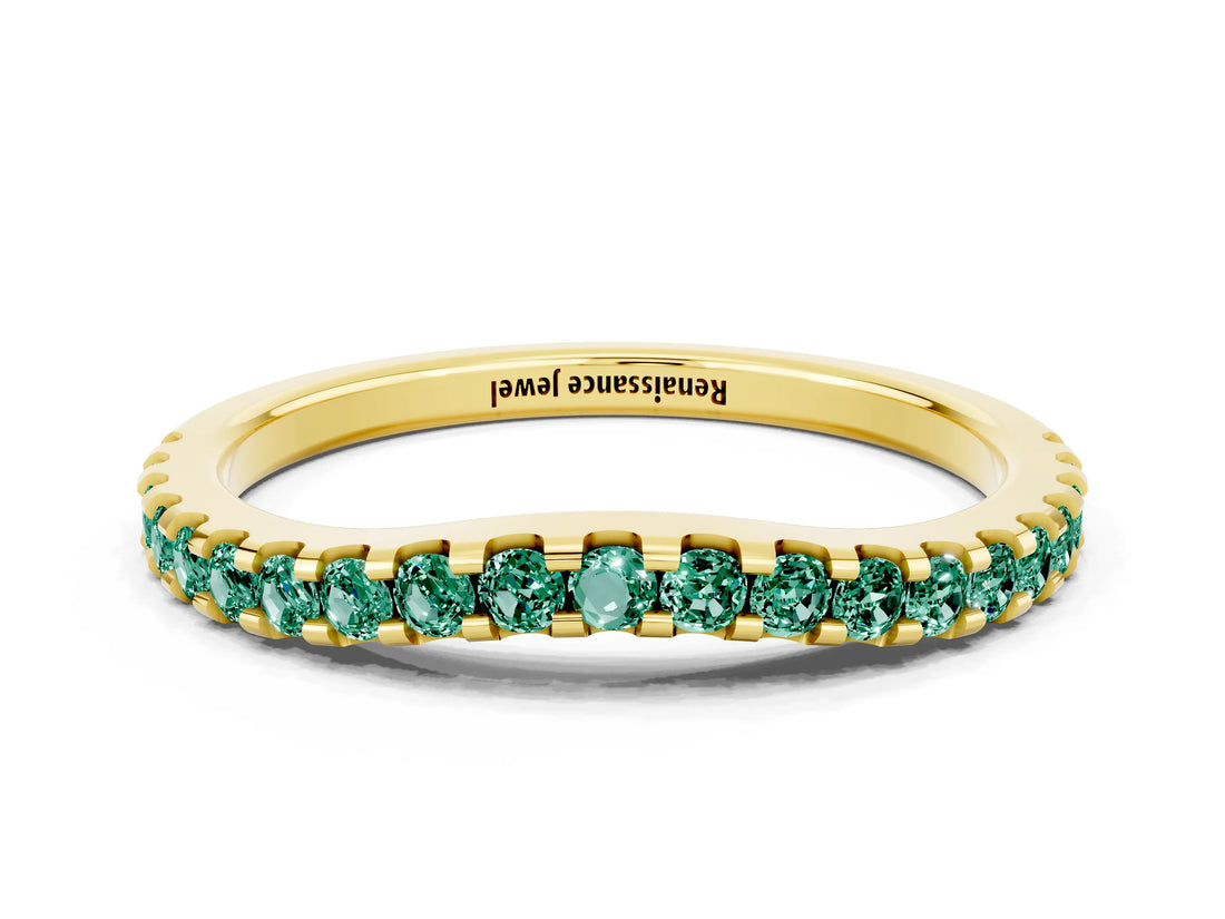 Yellow gold Round Green Sapphire Pavé Set Curved Wedding Band_6