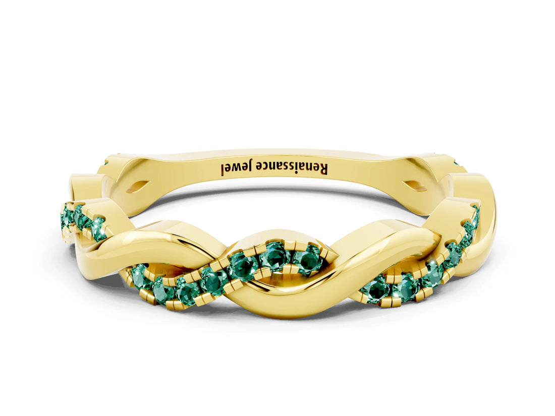 Yellow gold Round Green Sapphire Twist Eternity Band with Pavé Setting_6
