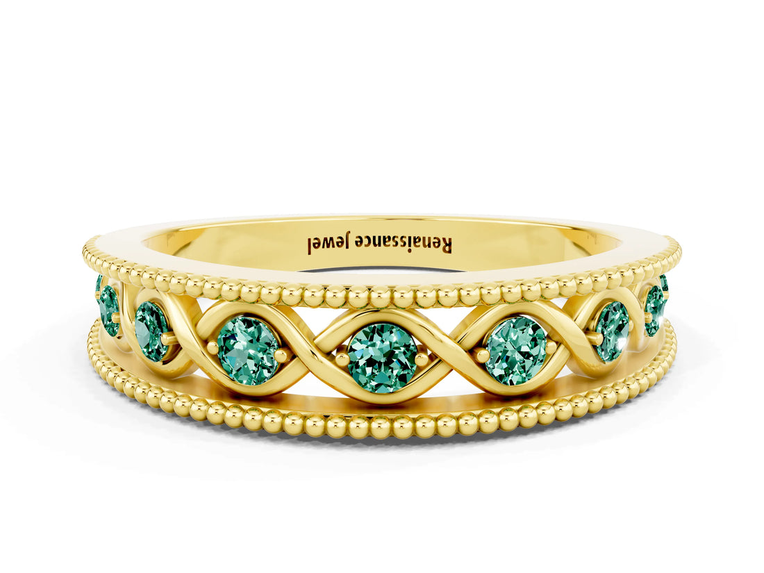 Yellow gold Round Green Sapphire Twist Milgrain Band with Bezel Setting_12