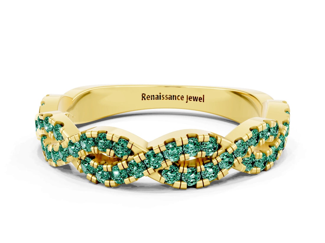 Yellow gold Round Green Sapphire Twisted Eternity Band with Pavé and Shared Prong Setting_22