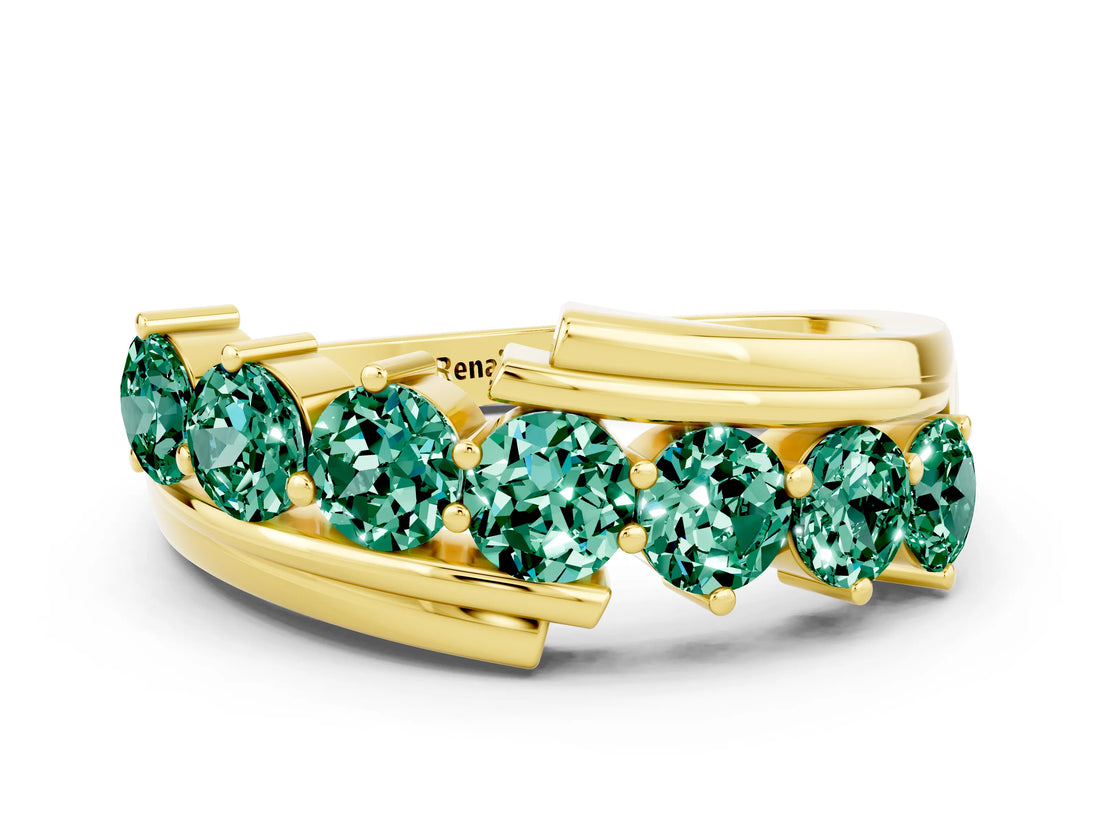 Yellow gold Round Green Sapphire Wave Band with Channel and Shared Prong Setting_18