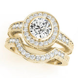 Yellow gold Round Halo Bezel Set Diamond Ring with Pavé Band 1