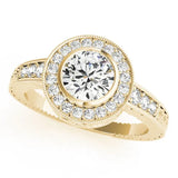 Yellow gold Round Halo Bezel Set Diamond Ring with Pavé Band