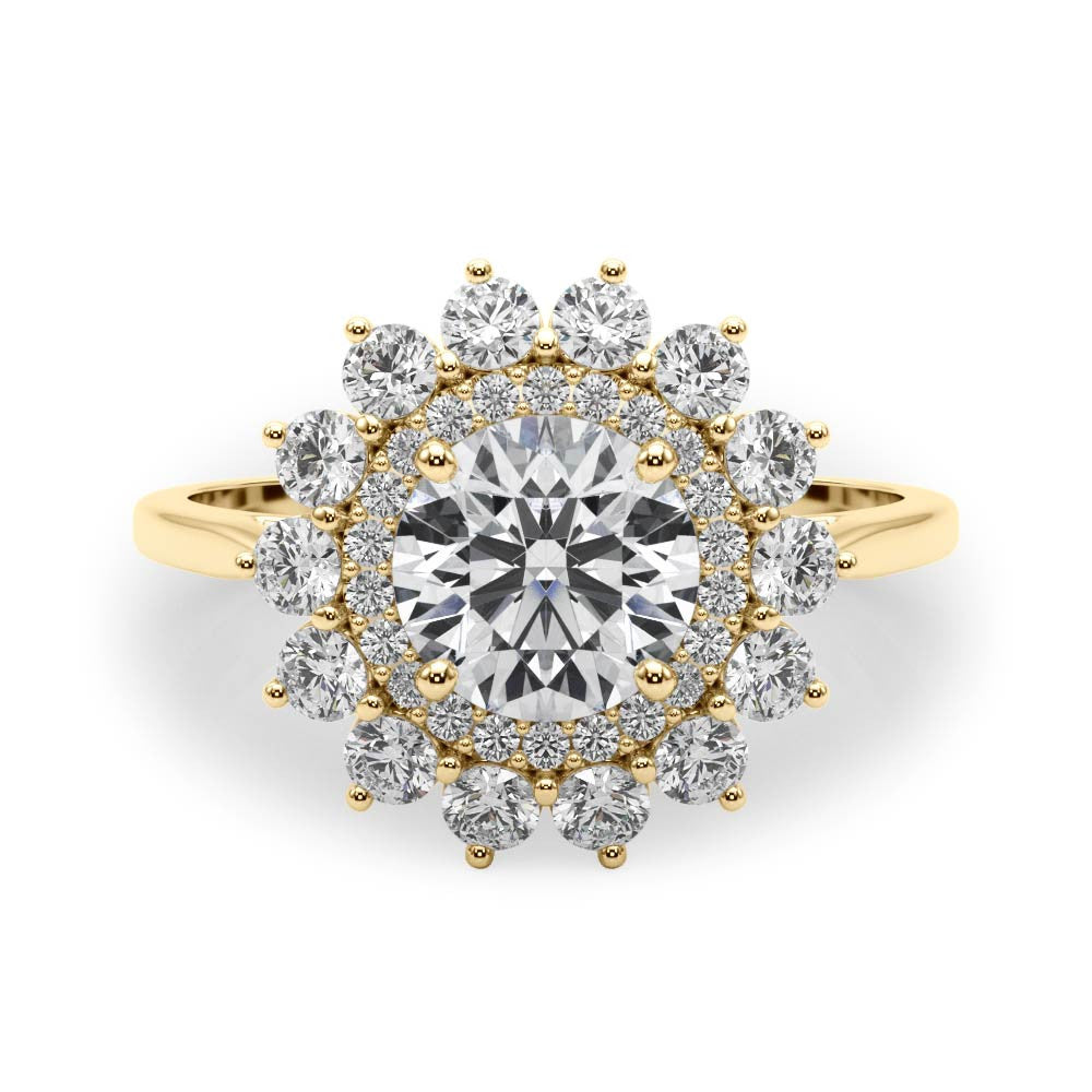Yellow gold Round Halo Cluster Diamond Ring with Pave Band and Four-Prong Setting 1