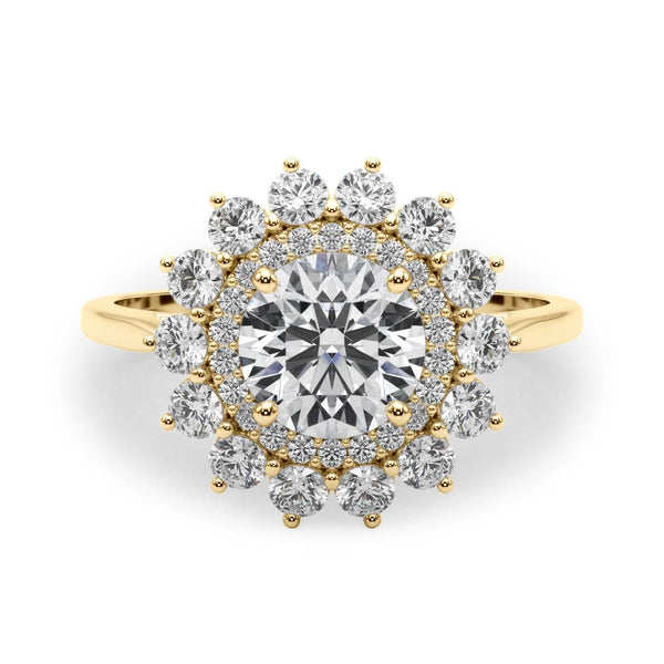 Yellow gold Round Halo Cluster Diamond Ring with Pave Band and Four-Prong Setting