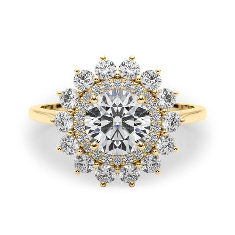 Yellow gold Round Halo Cluster Diamond Ring with Pave Band and Four-Prong Setting 1
