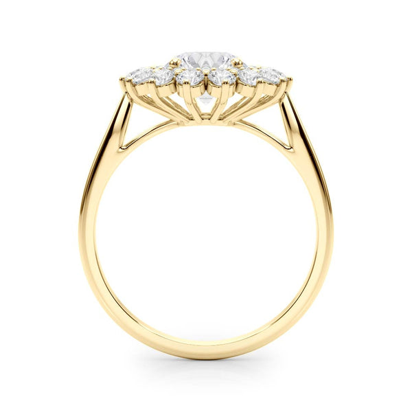 Yellow gold Round Halo Cluster Diamond Ring with Pave Band and Four-Prong Setting