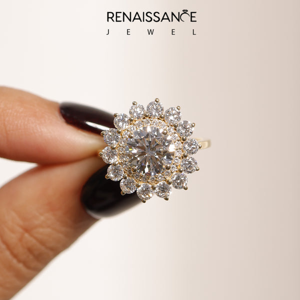 Yellow gold Round Halo Cluster Diamond Ring with Pave Band and Four-Prong Setting