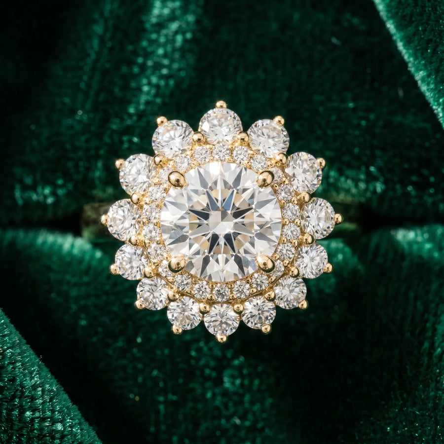 Yellow gold Round Halo Cluster Diamond Ring with Pave Band and Four-Prong Setting