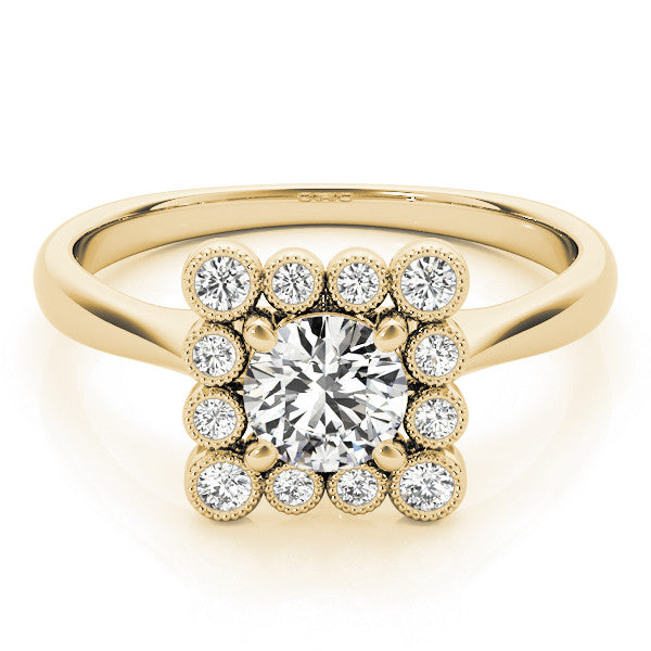 Yellow gold Round Halo Diamond Cluster Engagement Ring with Milgrain Bezel Setting and Solitaire Band 1
