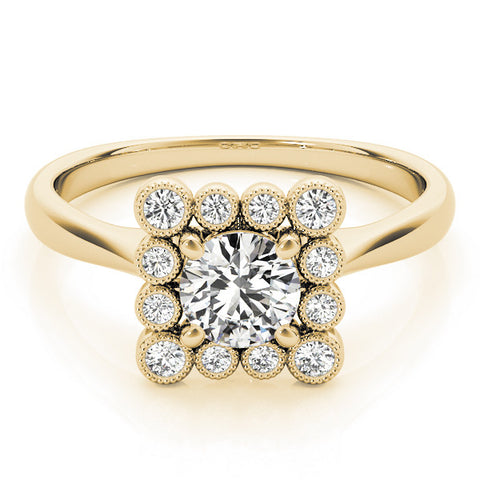 Yellow gold Round Halo Diamond Cluster Engagement Ring with Milgrain Bezel Setting and Solitaire Band 1