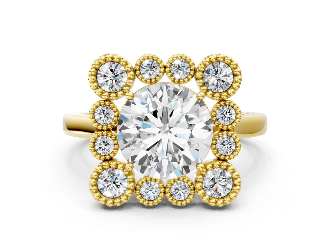 Yellow gold Round Halo Diamond Cluster Engagement Ring with Milgrain Bezel Setting and Solitaire Band_29