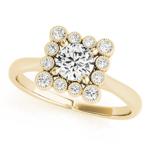 Yellow gold Round Halo Diamond Cluster Engagement Ring with Milgrain Bezel Setting and Solitaire Band