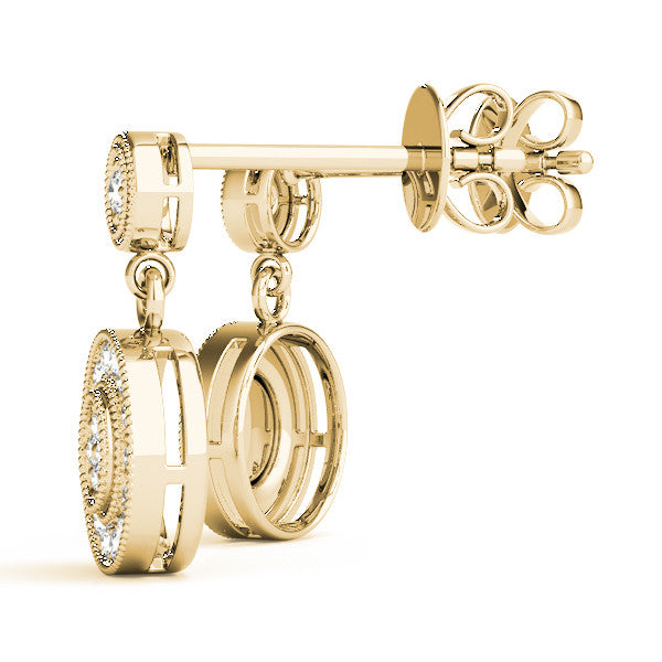 Yellow gold Round Halo Diamond Drop Earrings with Milgrain Bezel Setting 1