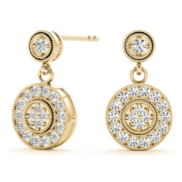 Yellow gold Round Halo Diamond Drop Earrings with Milgrain Bezel Setting 2