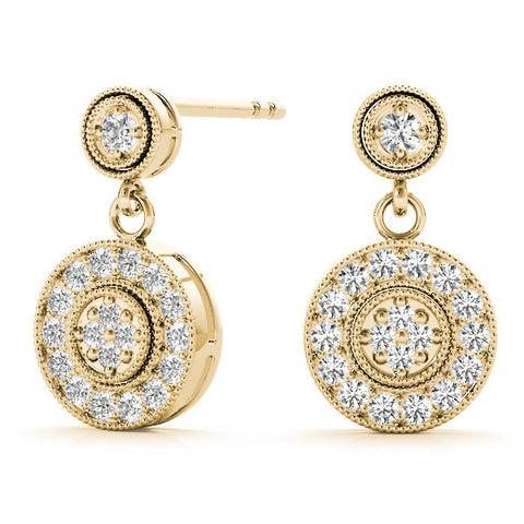 Yellow gold Round Halo Diamond Drop Earrings with Milgrain Bezel Setting 2