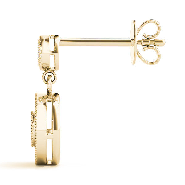 Yellow gold Round Halo Diamond Drop Earrings with Milgrain Bezel Setting 3
