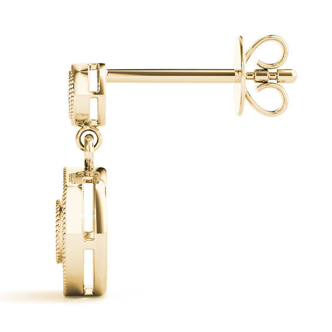 Yellow gold Round Halo Diamond Drop Earrings with Milgrain Bezel Setting 3