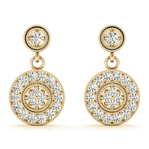Yellow gold Round Halo Diamond Drop Earrings with Milgrain Bezel Setting