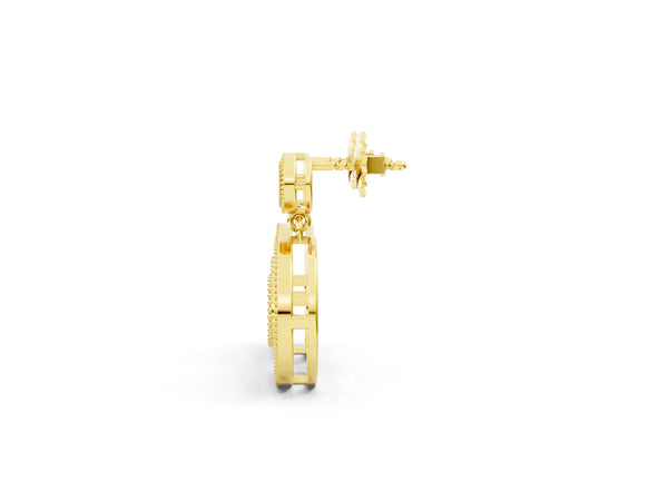 Yellow gold Round Halo Diamond Drop Earrings with Milgrain Bezel Setting