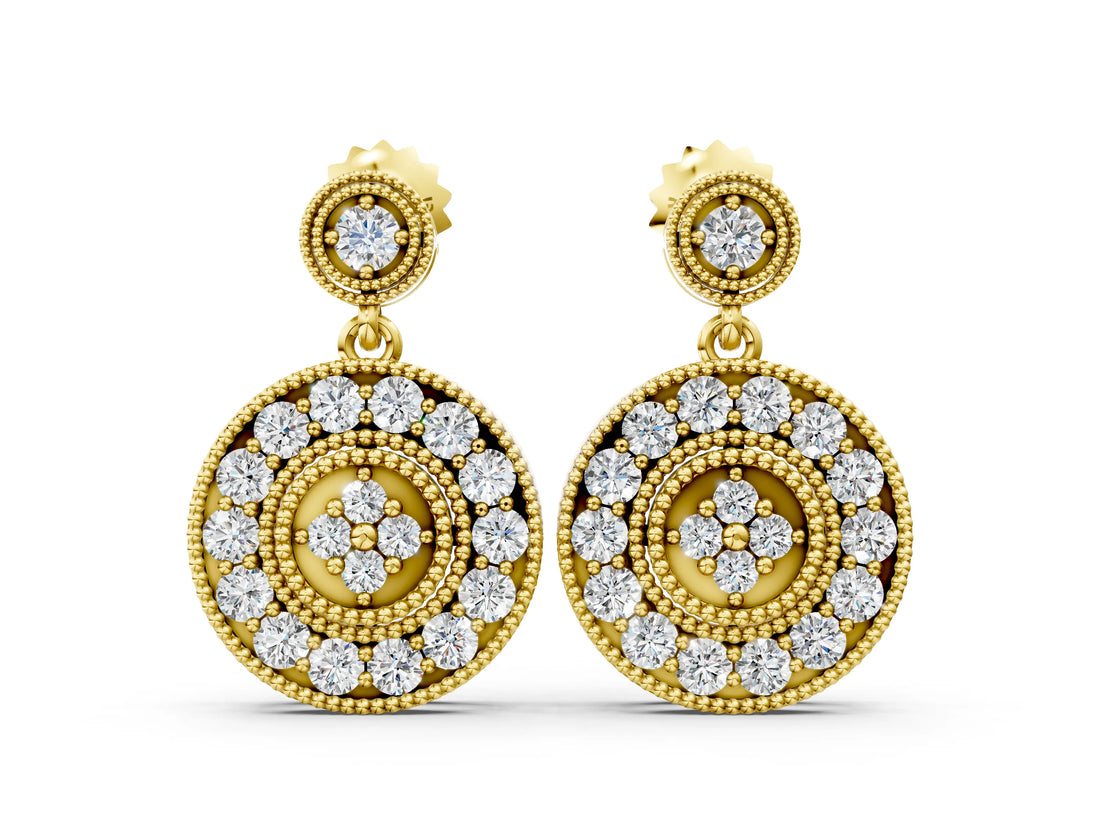 Yellow gold Round Halo Diamond Drop Earrings with Milgrain Bezel Setting_9