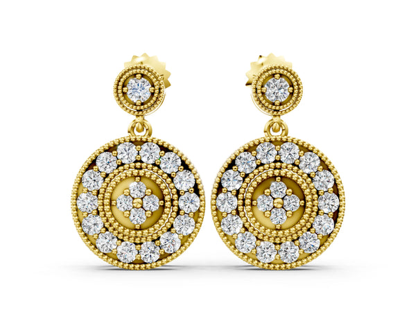 Yellow gold Round Halo Diamond Drop Earrings with Milgrain Bezel Setting