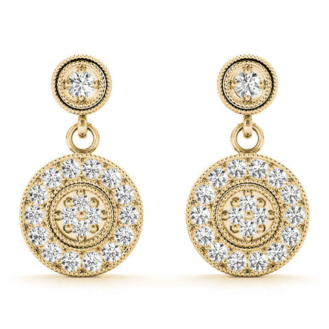 Yellow gold Round Halo Diamond Drop Earrings with Milgrain Bezel Setting