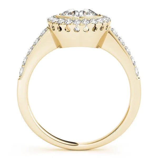 Yellow gold Round Halo Diamond Engagement Ring with Bezel Setting and Pavé Band