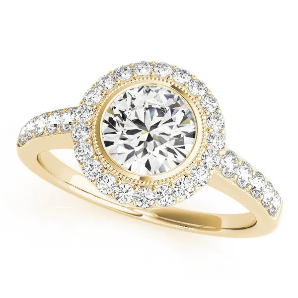 Yellow gold Round Halo Diamond Engagement Ring with Bezel Setting and Pavé Band