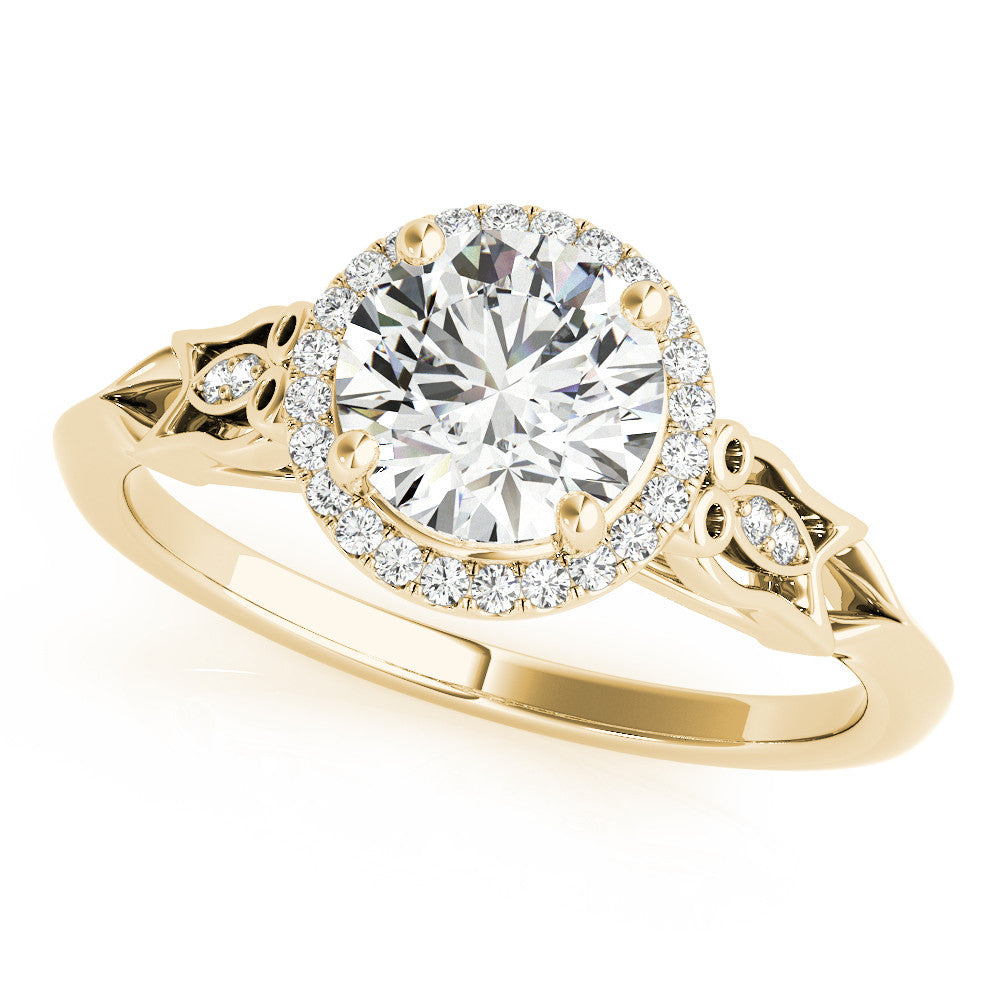 Yellow gold Round Halo Diamond Engagement Ring with Filigree Band and Four-Prong Setting