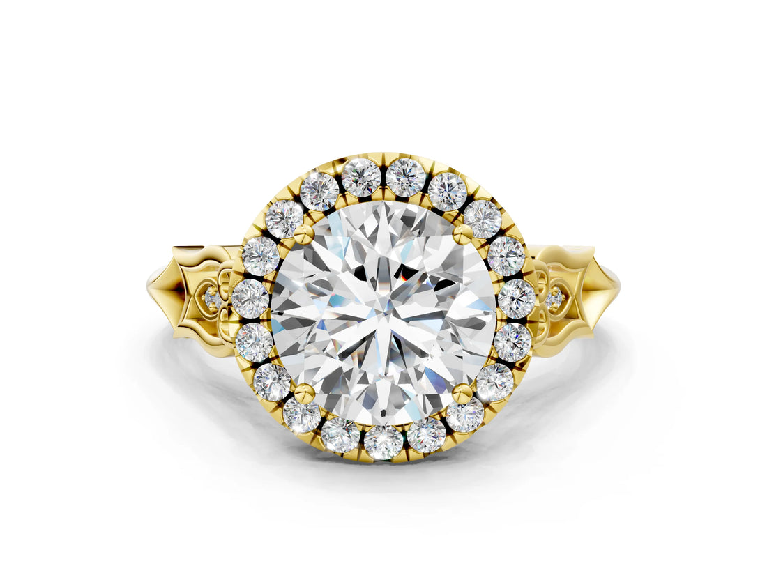 Yellow gold Round Halo Diamond Engagement Ring with Filigree Band and Four-Prong Setting_96