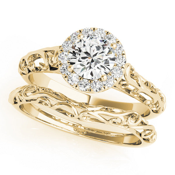 Yellow gold Round Halo Diamond Engagement Ring with Intricate Filigree Band and Four-Prong Setting 1