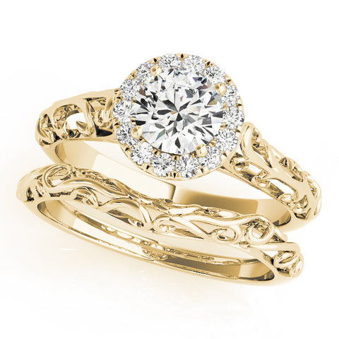 Yellow gold Round Halo Diamond Engagement Ring with Intricate Filigree Band and Four-Prong Setting 1
