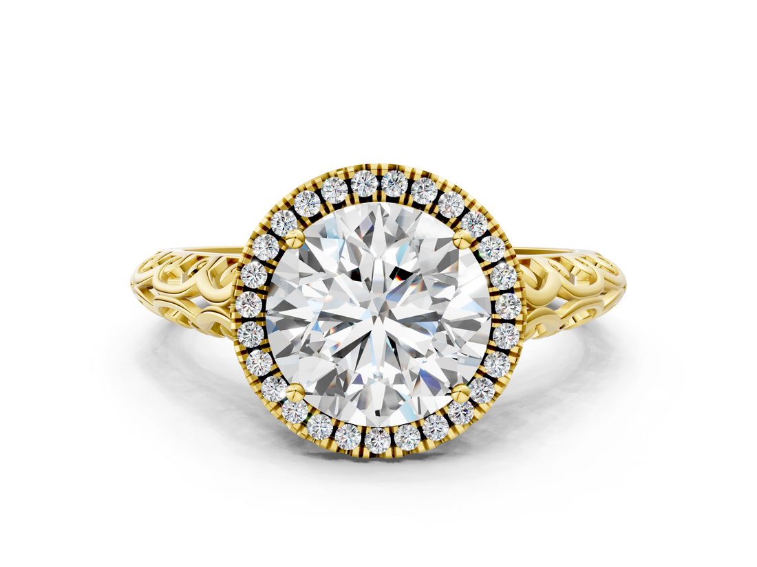 Yellow gold Round Halo Diamond Engagement Ring with Intricate Filigree Band and Four-Prong Setting_39