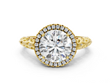 Yellow gold Round Halo Diamond Engagement Ring with Intricate Filigree Band and Four-Prong Setting_39