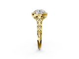 Yellow gold Round Halo Diamond Engagement Ring with Intricate Filigree Band and Four-Prong Setting_41