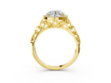 Yellow gold Round Halo Diamond Engagement Ring with Intricate Filigree Band and Four-Prong Setting_42