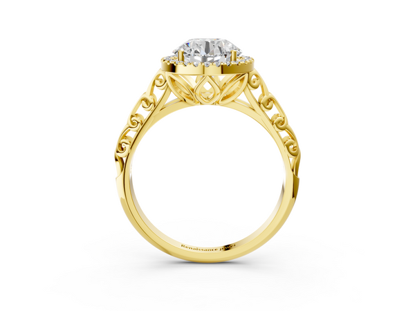 Yellow Gold Round Vintage Filigree Halo Engagement Ring Setting with Scroll Band