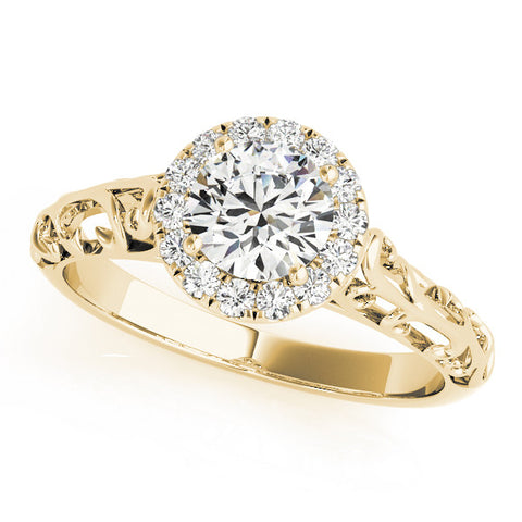 Yellow gold Round Halo Diamond Engagement Ring with Intricate Filigree Band and Four-Prong Setting