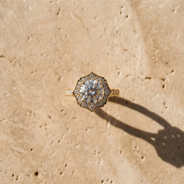 Yellow gold Round Halo Diamond Engagement Ring with Milgrain Band and Four-Prong Setting
