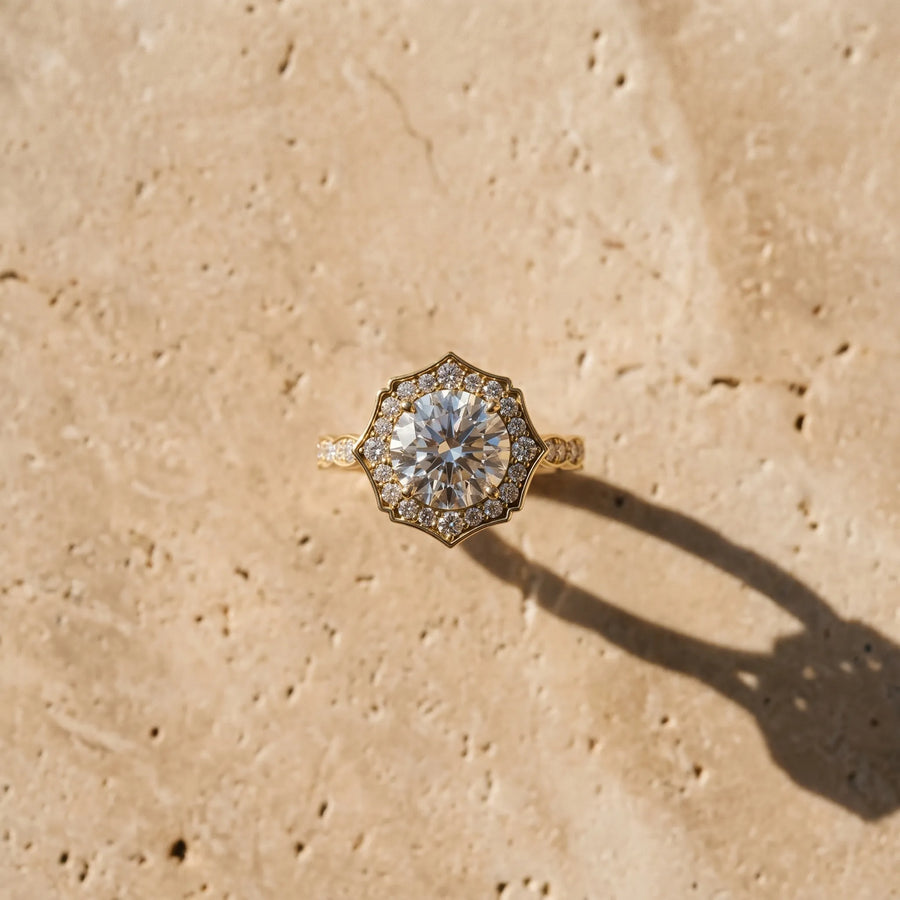 Yellow gold Round Halo Diamond Engagement Ring with Milgrain Band and Four-Prong Setting