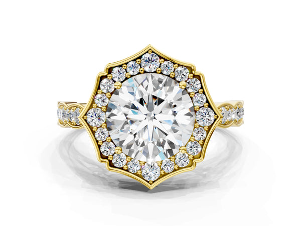 Yellow gold Round Halo Diamond Engagement Ring with Milgrain Band and Four-Prong Setting